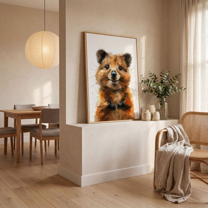 Baby Quokka Watercolor Canvas in white oak floating frame