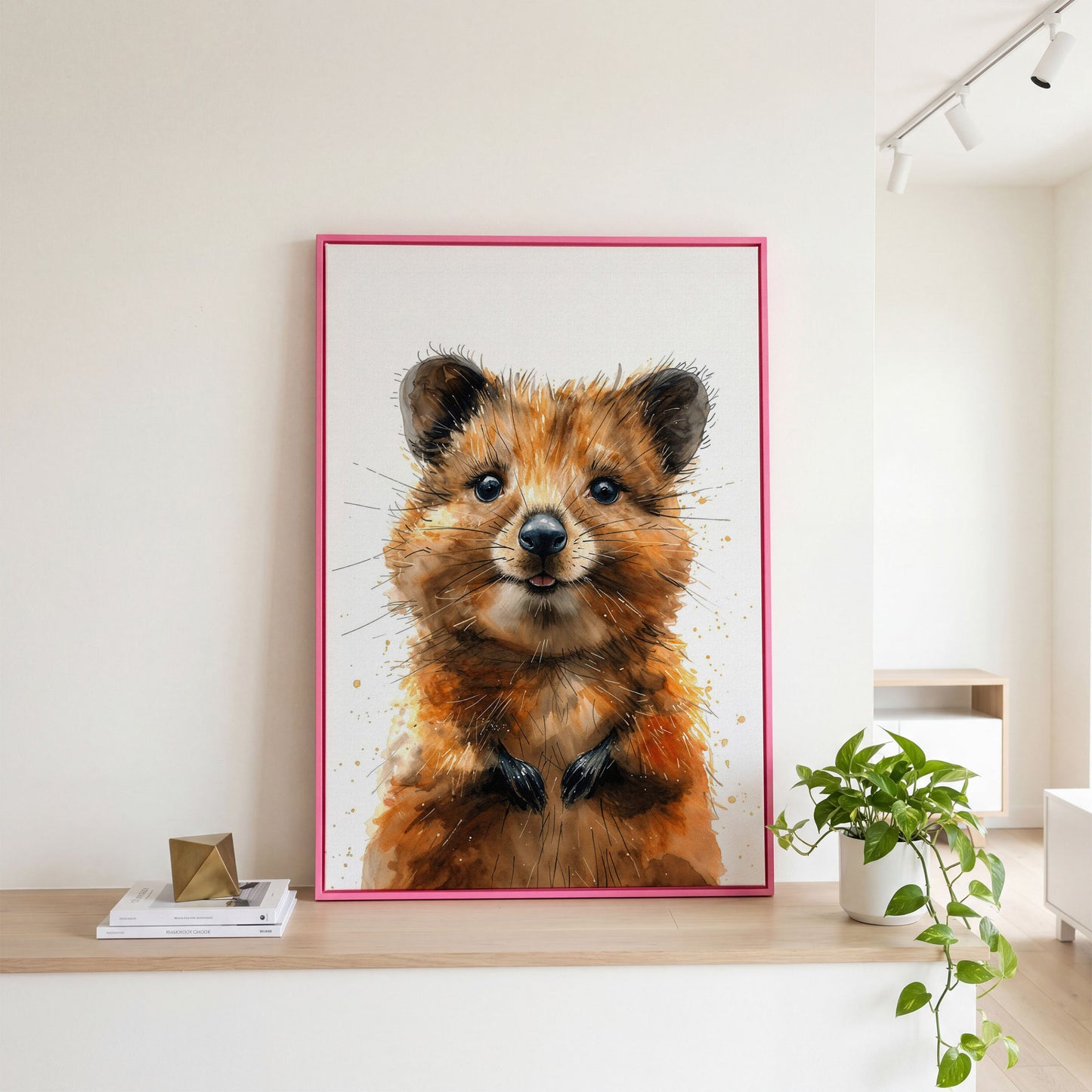 Baby Quokka Watercolor Canvas in pink floating frame