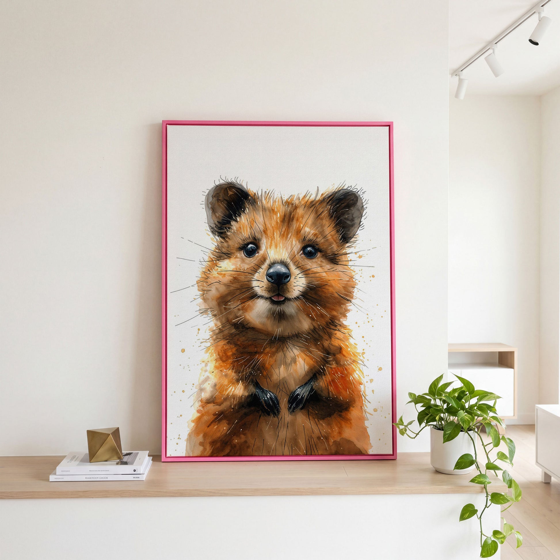 Baby Quokka Watercolor Canvas in pink floating frame