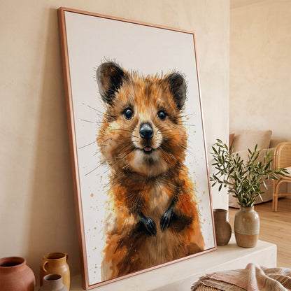 Baby Quokka Watercolor Canvas in rose gold floating frame