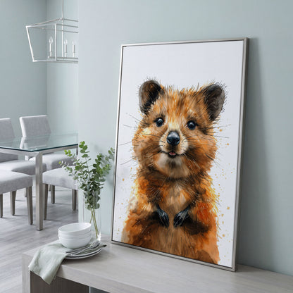 Baby Quokka Watercolor Canvas in silver floating frame