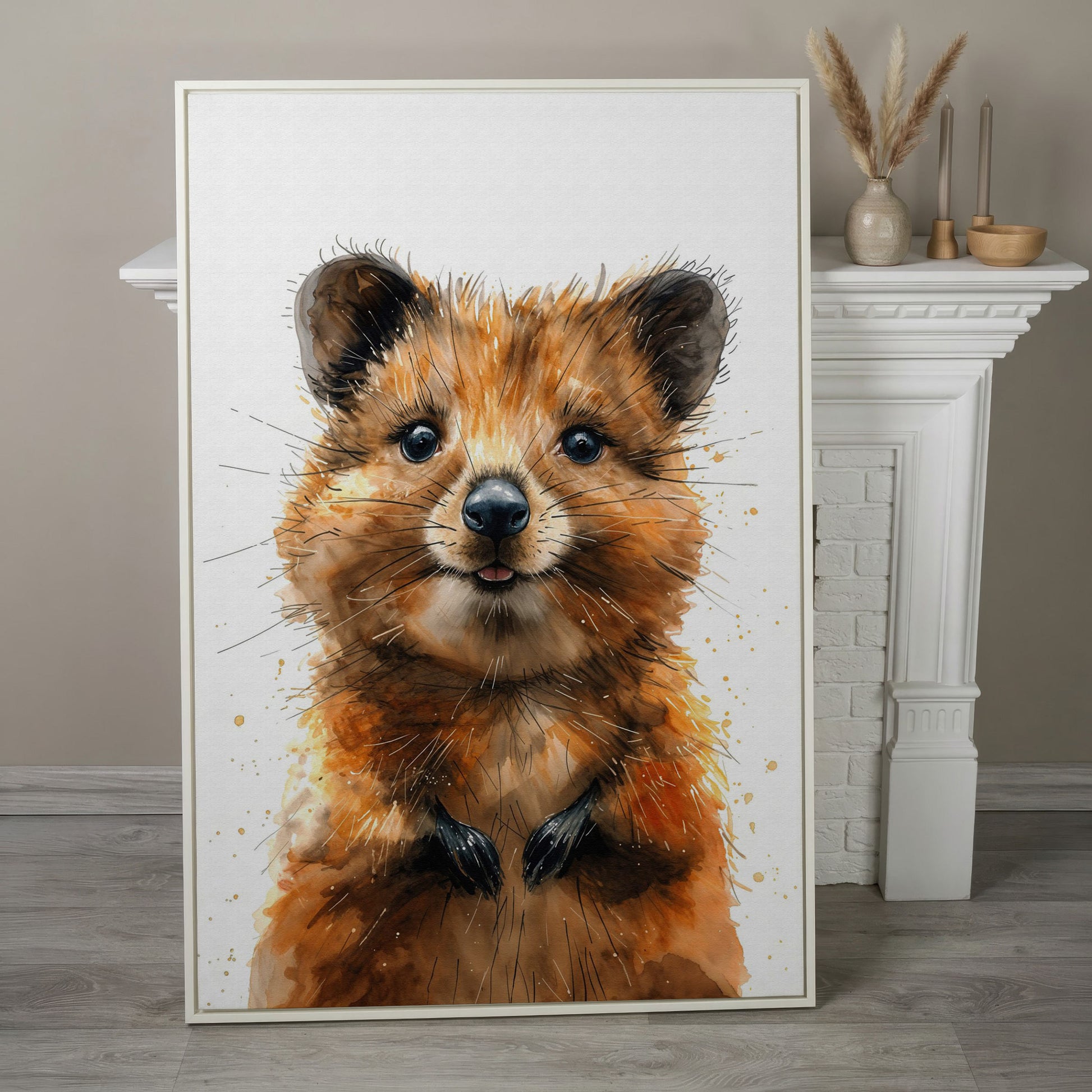Baby Quokka Watercolor Canvas in white floating frame