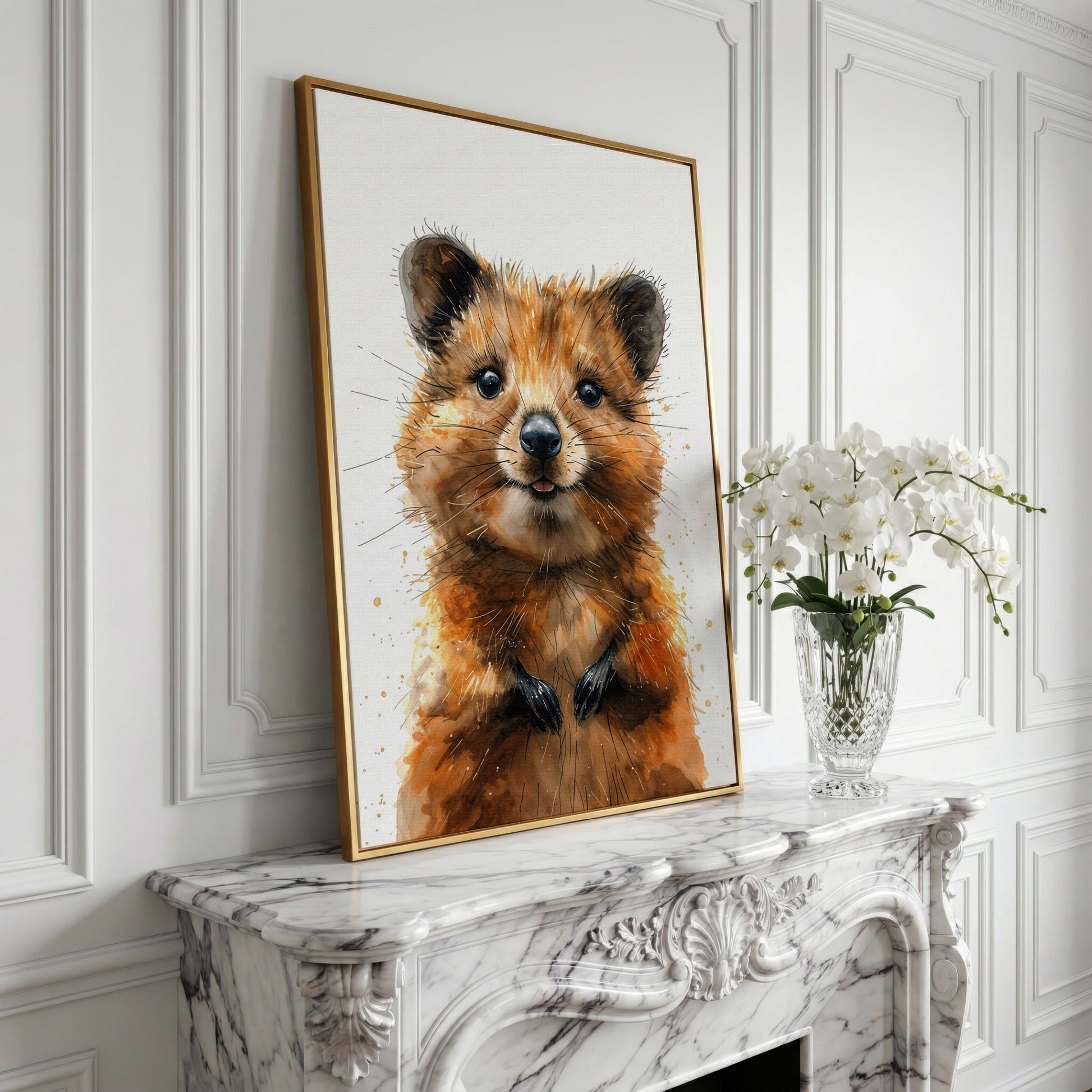 Baby Quokka Watercolor Canvas in yellow gold floating frame