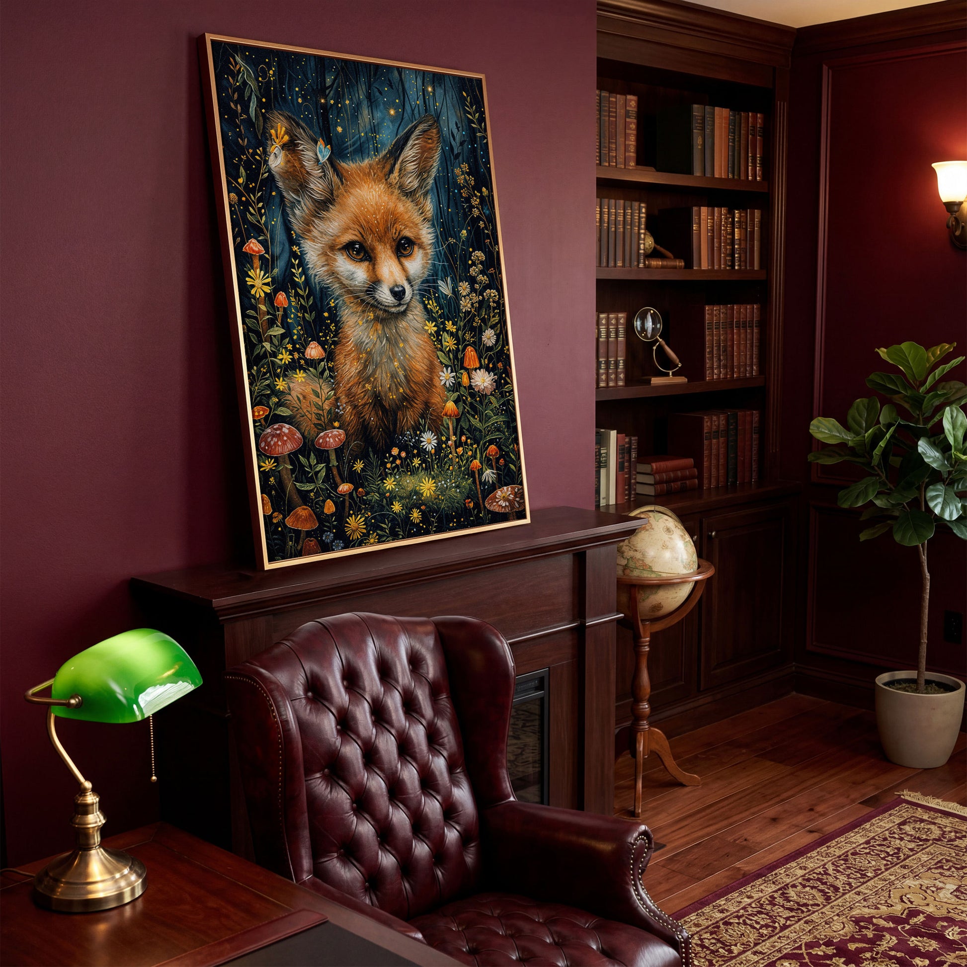 Fox in an Enchanted Forest, Flowers and Mushrooms Canvas Art in antique gold floating frame