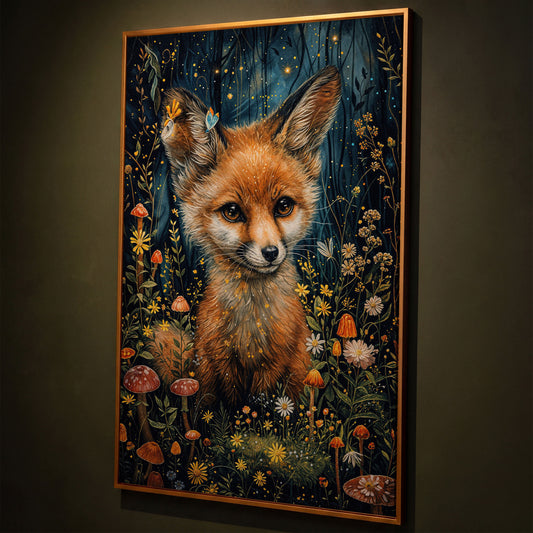 Fox in an Enchanted Forest, Flowers and Mushrooms Canvas Art shown in antique gold floating frame