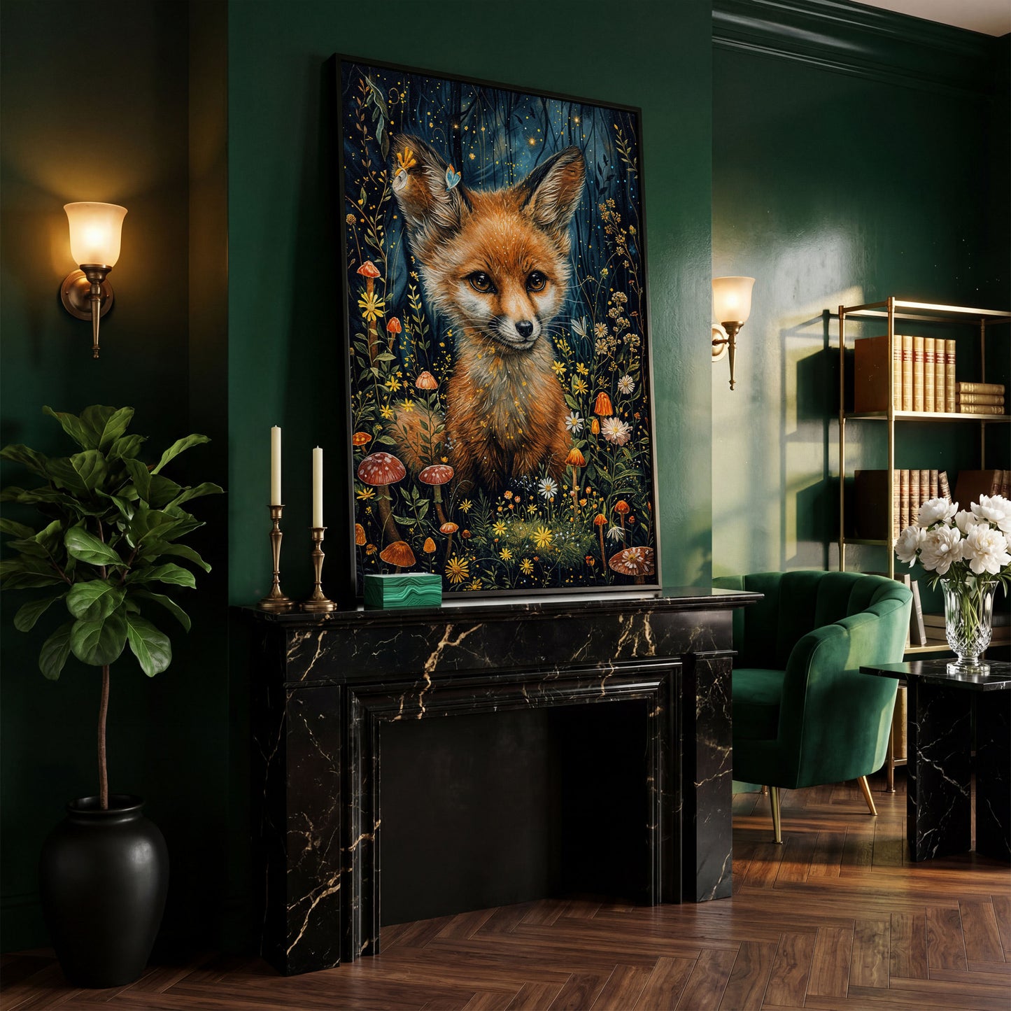 Fox in an Enchanted Forest, Flowers and Mushrooms Canvas Art in black floating frame