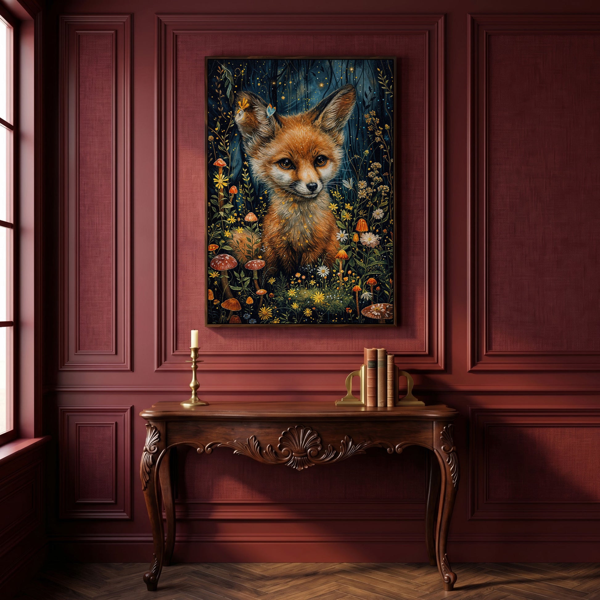 Fox in an Enchanted Forest, Flowers and Mushrooms Canvas Art in dark walnut floating frame