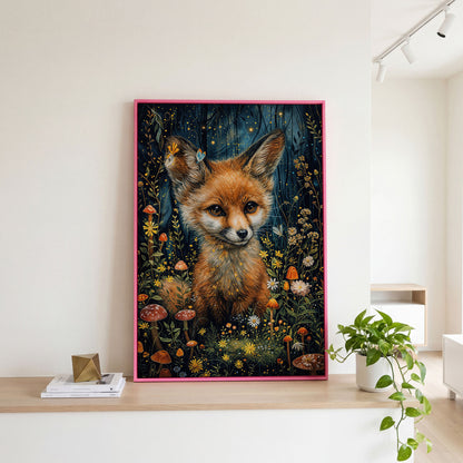 Fox in an Enchanted Forest, Flowers and Mushrooms Canvas Art in pink floating frame