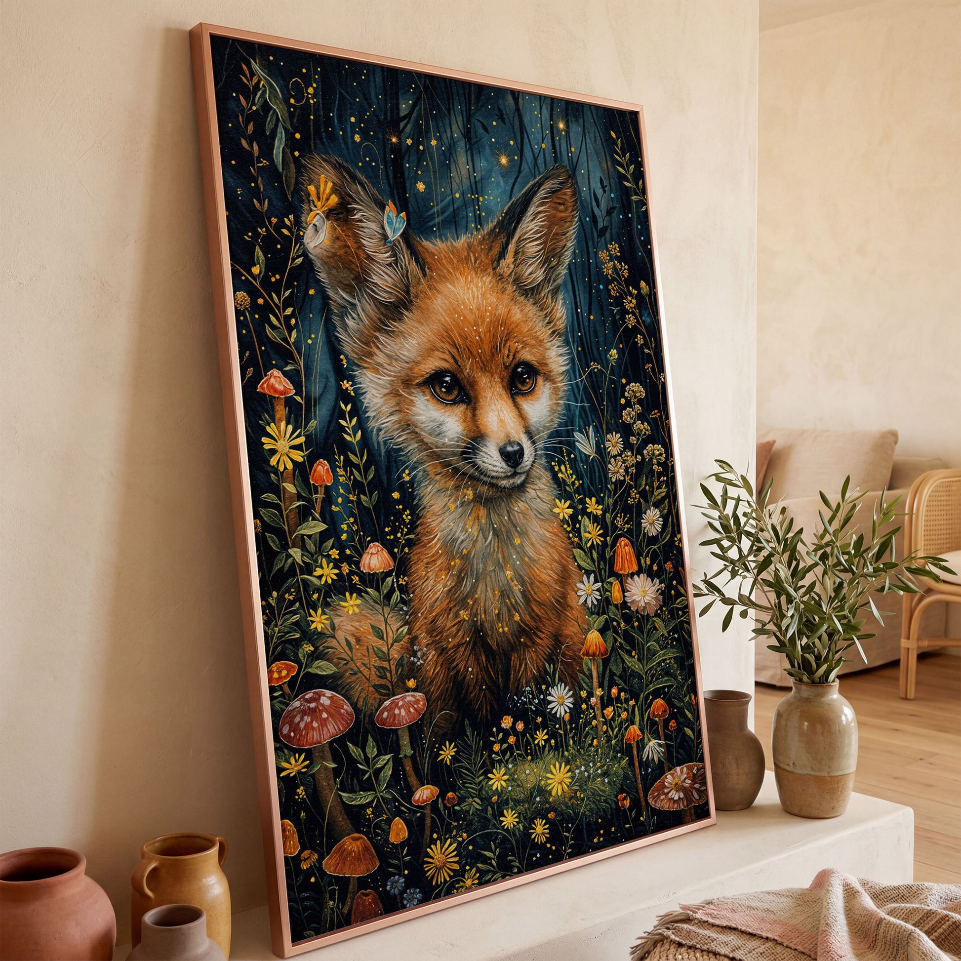 Fox in an Enchanted Forest, Flowers and Mushrooms Canvas Art in rose gold floating frame