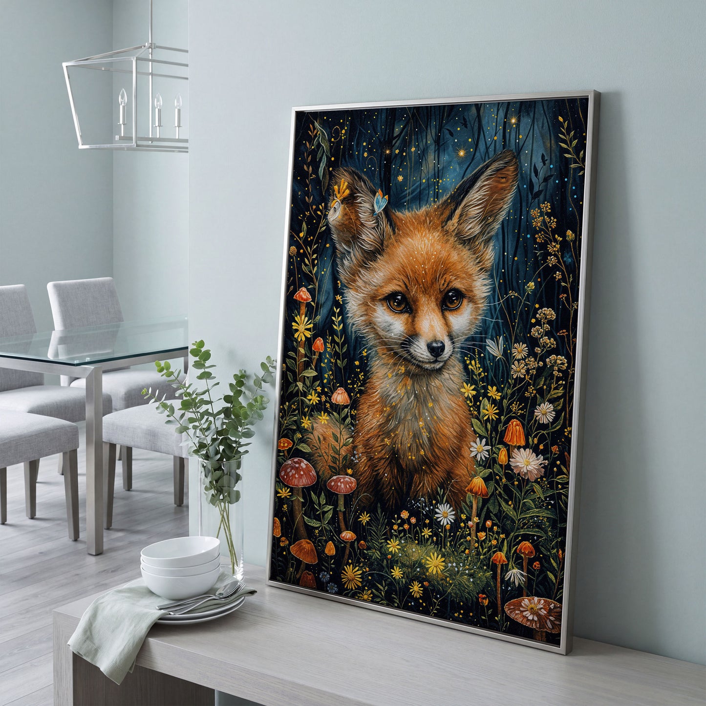 Fox in an Enchanted Forest, Flowers and Mushrooms Canvas Art in silver floating frame