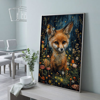 Fox in an Enchanted Forest, Flowers and Mushrooms Canvas Art in silver floating frame