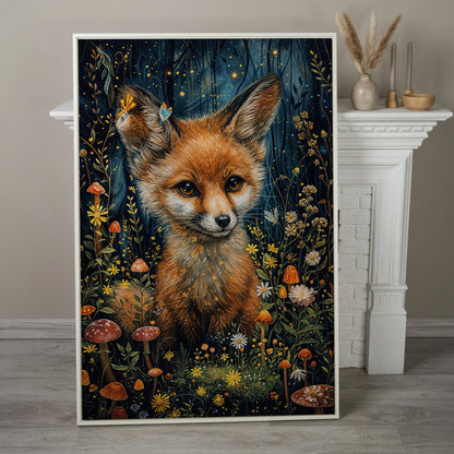 Fox in an Enchanted Forest, Flowers and Mushrooms Canvas Art in white floating frame