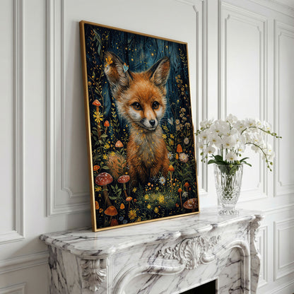 Fox in an Enchanted Forest, Flowers and Mushrooms Canvas Art in yellow gold floating frame