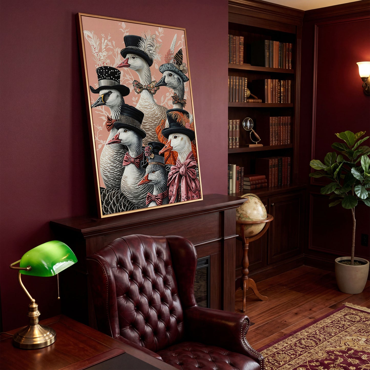 Dapper Geese in Victorian Suits Canvas Wall Art in antique gold floating frame