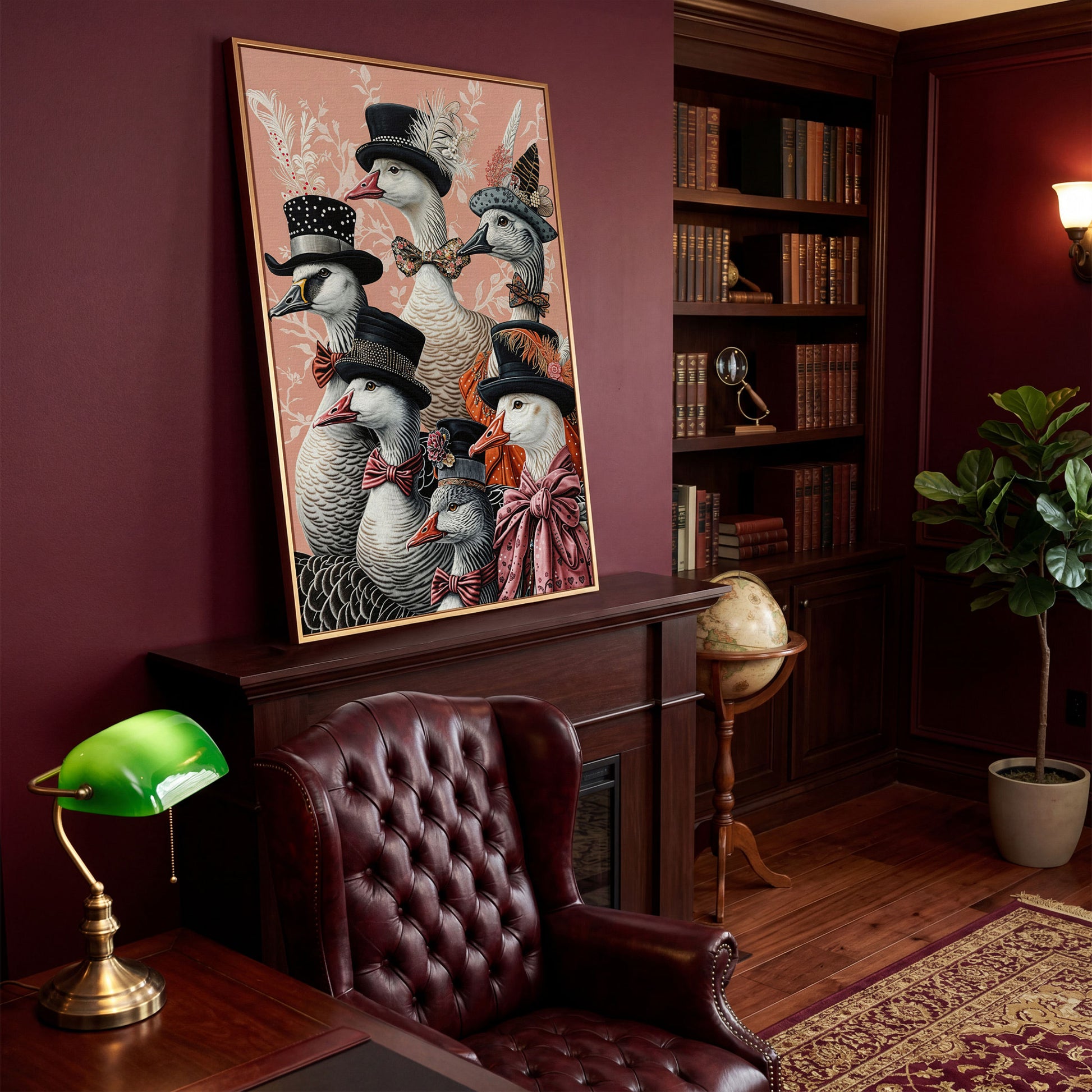 Dapper Geese in Victorian Suits Canvas Wall Art in antique gold floating frame