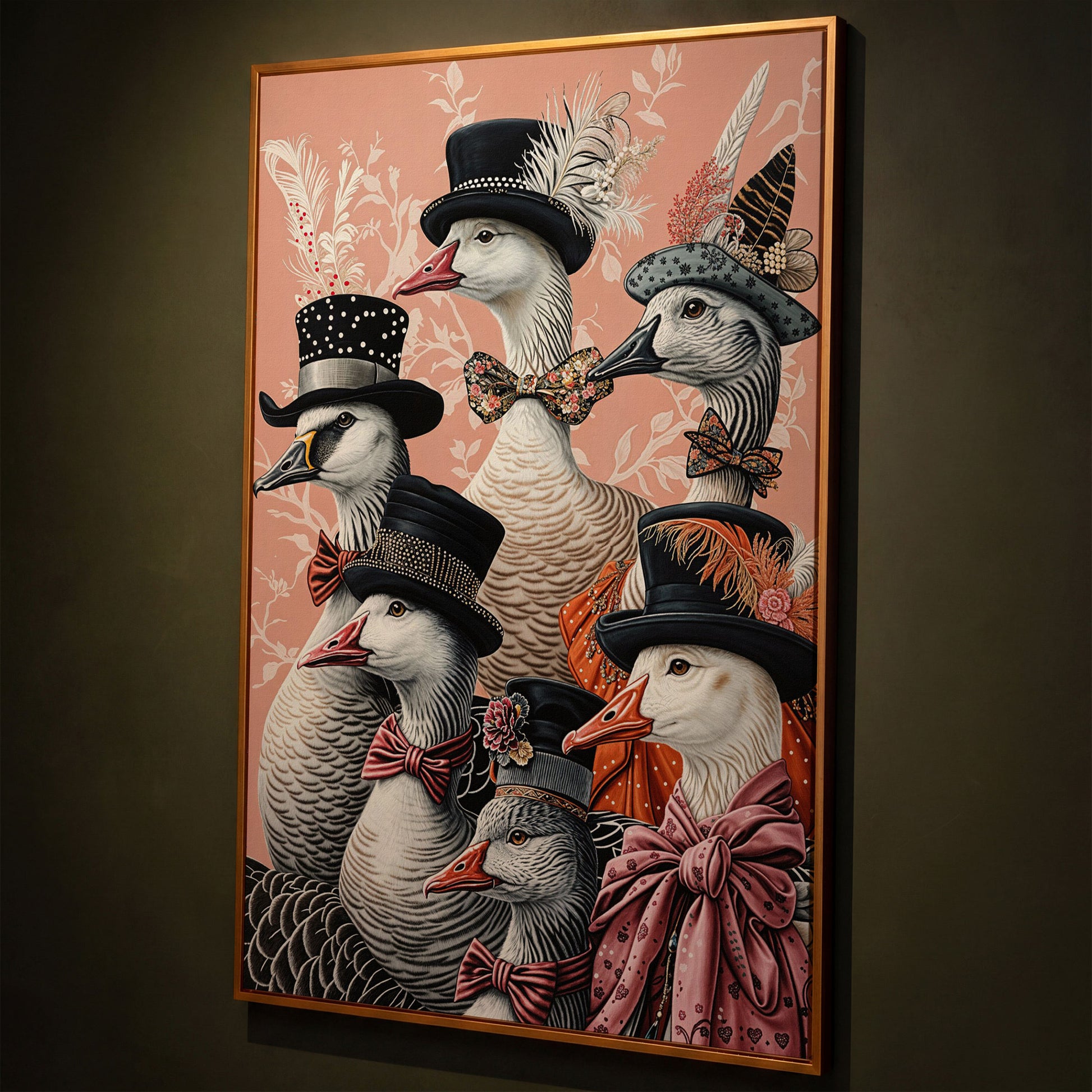 Dapper Geese in Victorian Suits Canvas Wall Art shown in antique gold floating frame