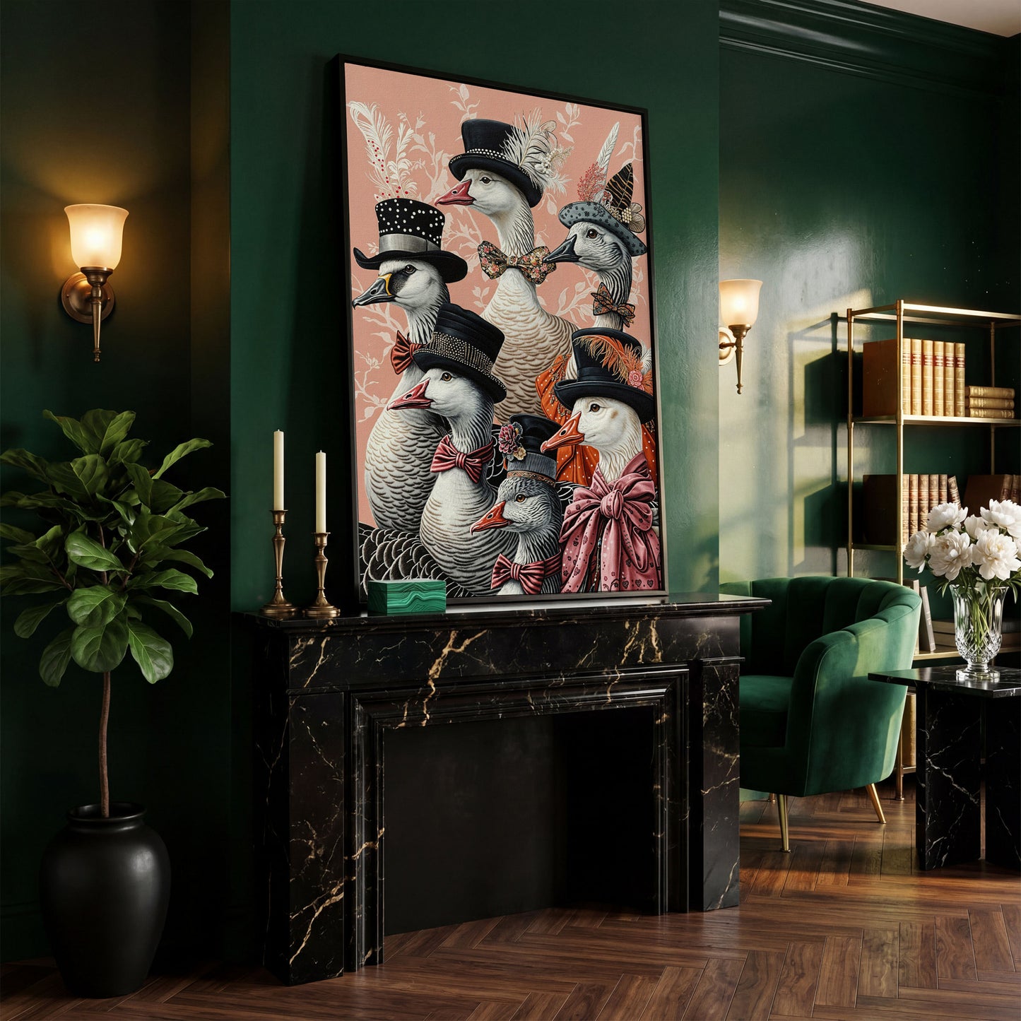 Dapper Geese in Victorian Suits Canvas Wall Art in black floating frame