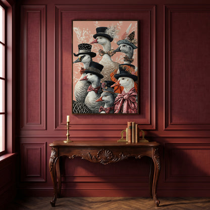 Dapper Geese in Victorian Suits Canvas Wall Art in dark walnut floating frame