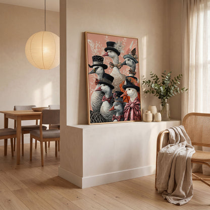Dapper Geese in Victorian Suits Canvas Wall Art in white oak floating frame