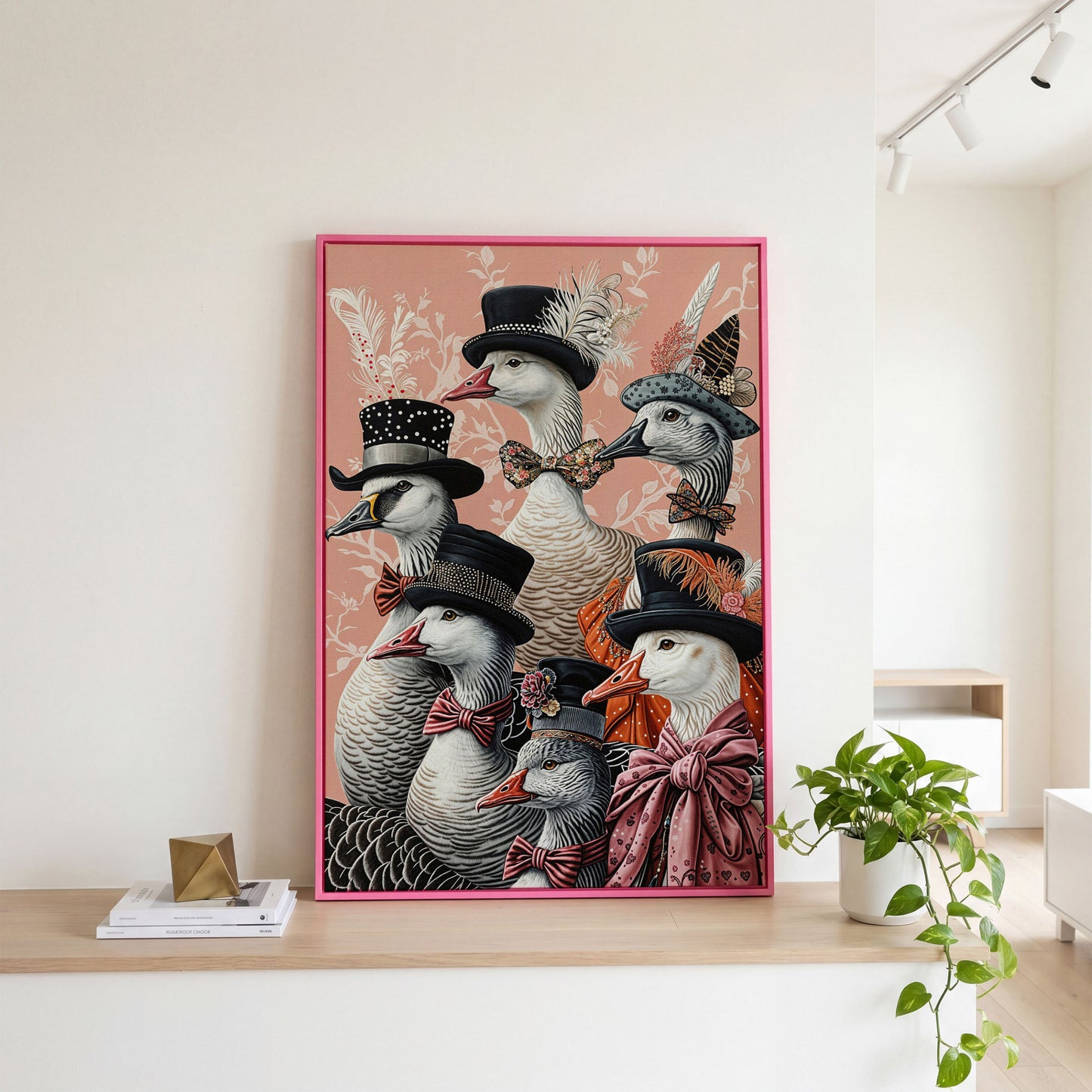 Dapper Geese in Victorian Suits Canvas Wall Art in pink floating frame