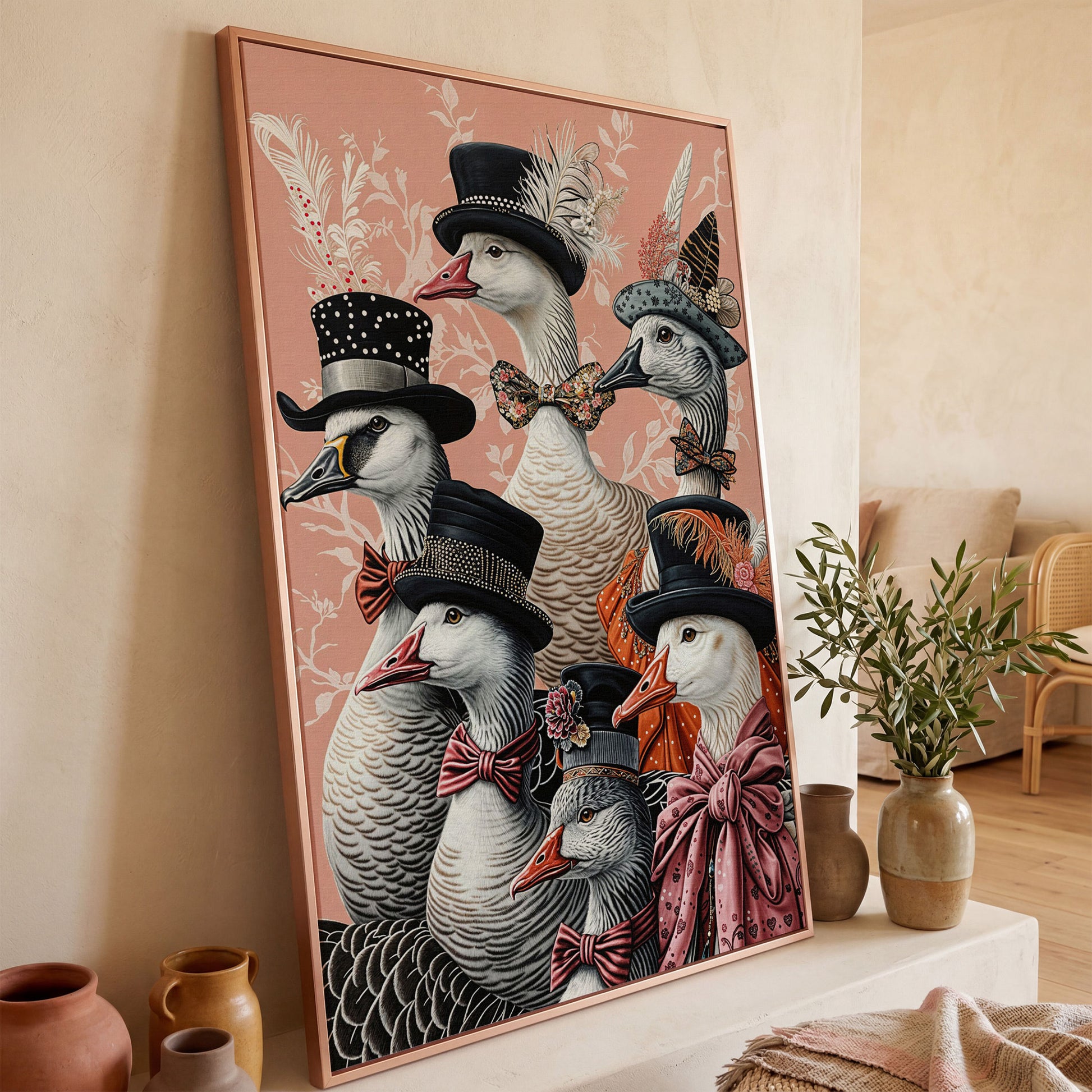 Dapper Geese in Victorian Suits Canvas Wall Art in rose gold floating frame