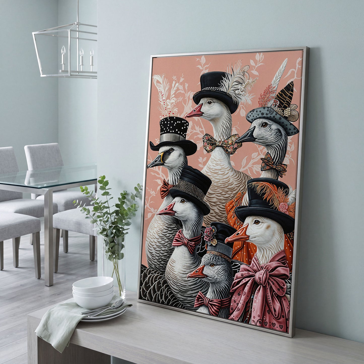 Dapper Geese in Victorian Suits Canvas Wall Art in silver floating frame