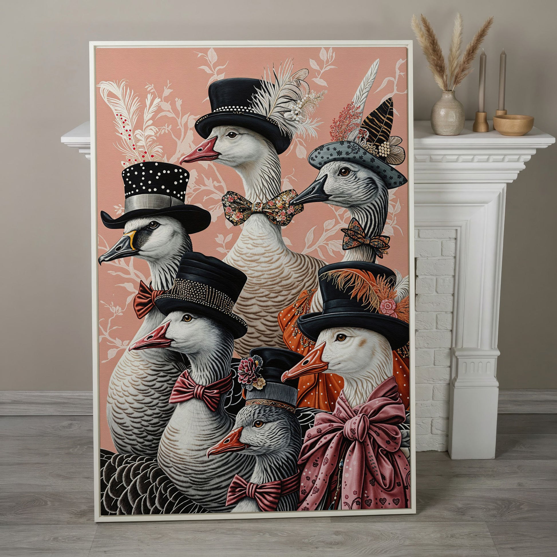 Dapper Geese in Victorian Suits Canvas Wall Art in white floating frame