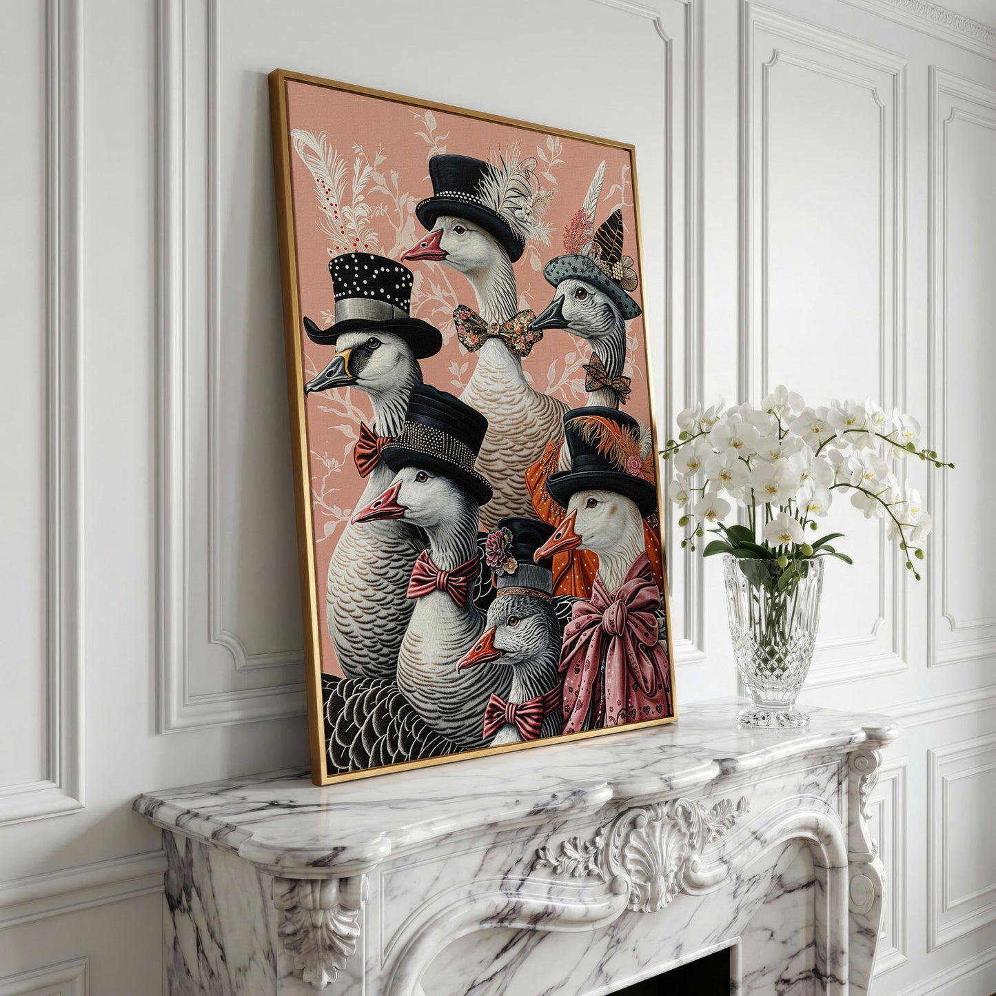 Dapper Geese in Victorian Suits Canvas Wall Art in yellow gold floating frame