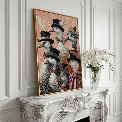 Dapper Geese in Victorian Suits Canvas Wall Art in yellow gold floating frame