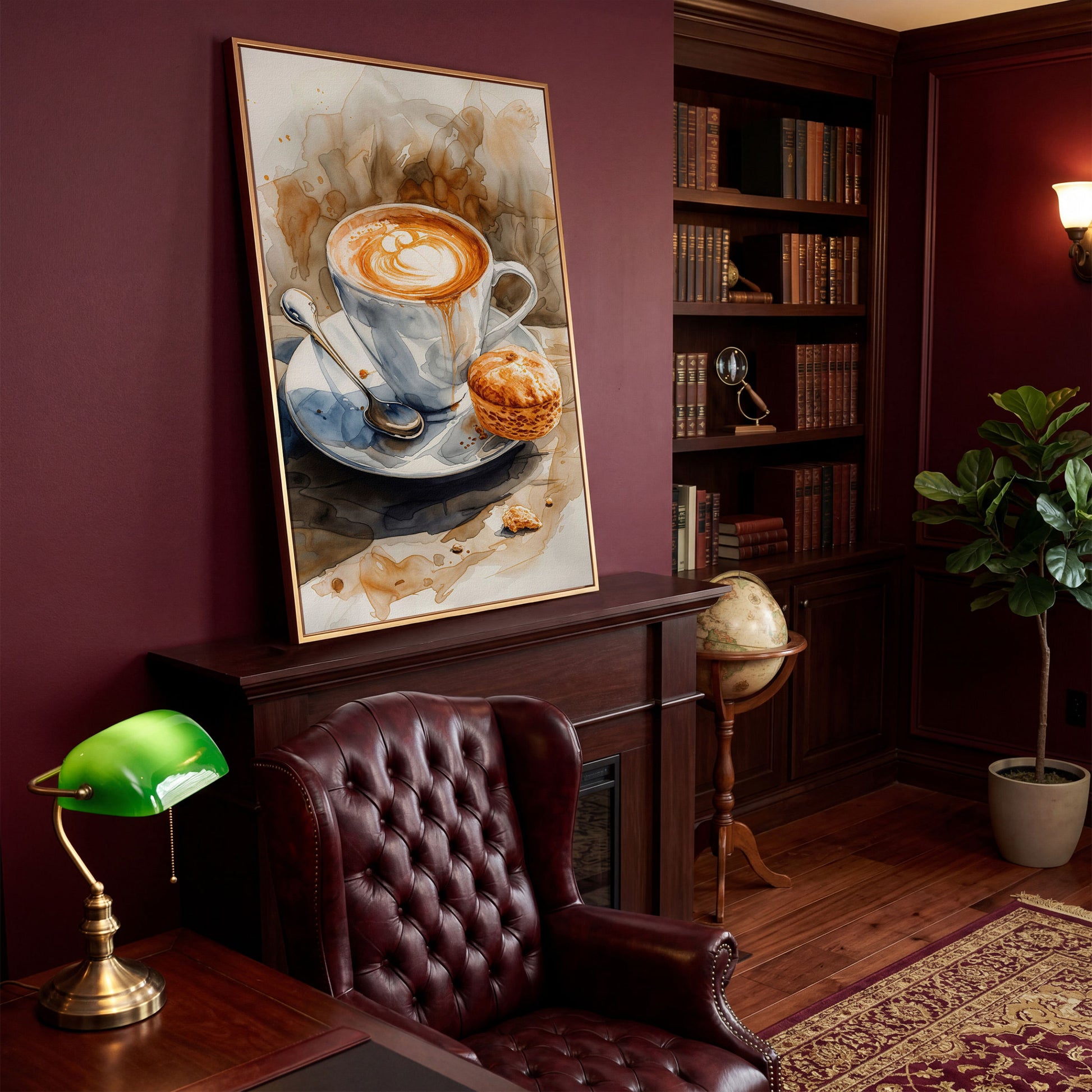 Cappuccino Still Life Canvas Art for Coffee Lovers in antique gold floating frame