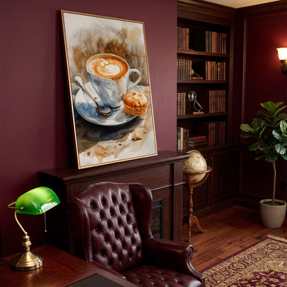Cappuccino Still Life Canvas Art for Coffee Lovers in antique gold floating frame