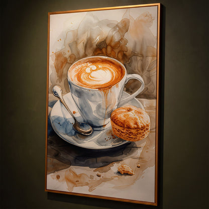 Cappuccino Still Life Canvas Art for Coffee Lovers shown in antique gold floating frame
