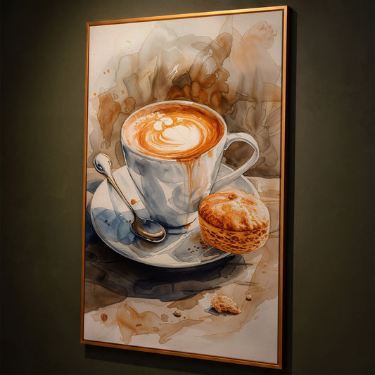 Cappuccino Still Life Canvas Art for Coffee Lovers shown in antique gold floating frame