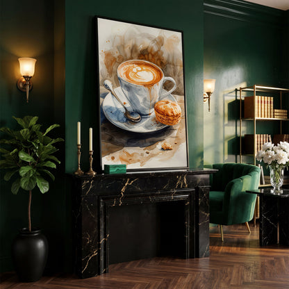 Cappuccino Still Life Canvas Art for Coffee Lovers in black floating frame