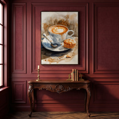 Cappuccino Still Life Canvas Art for Coffee Lovers in dark walnut floating frame