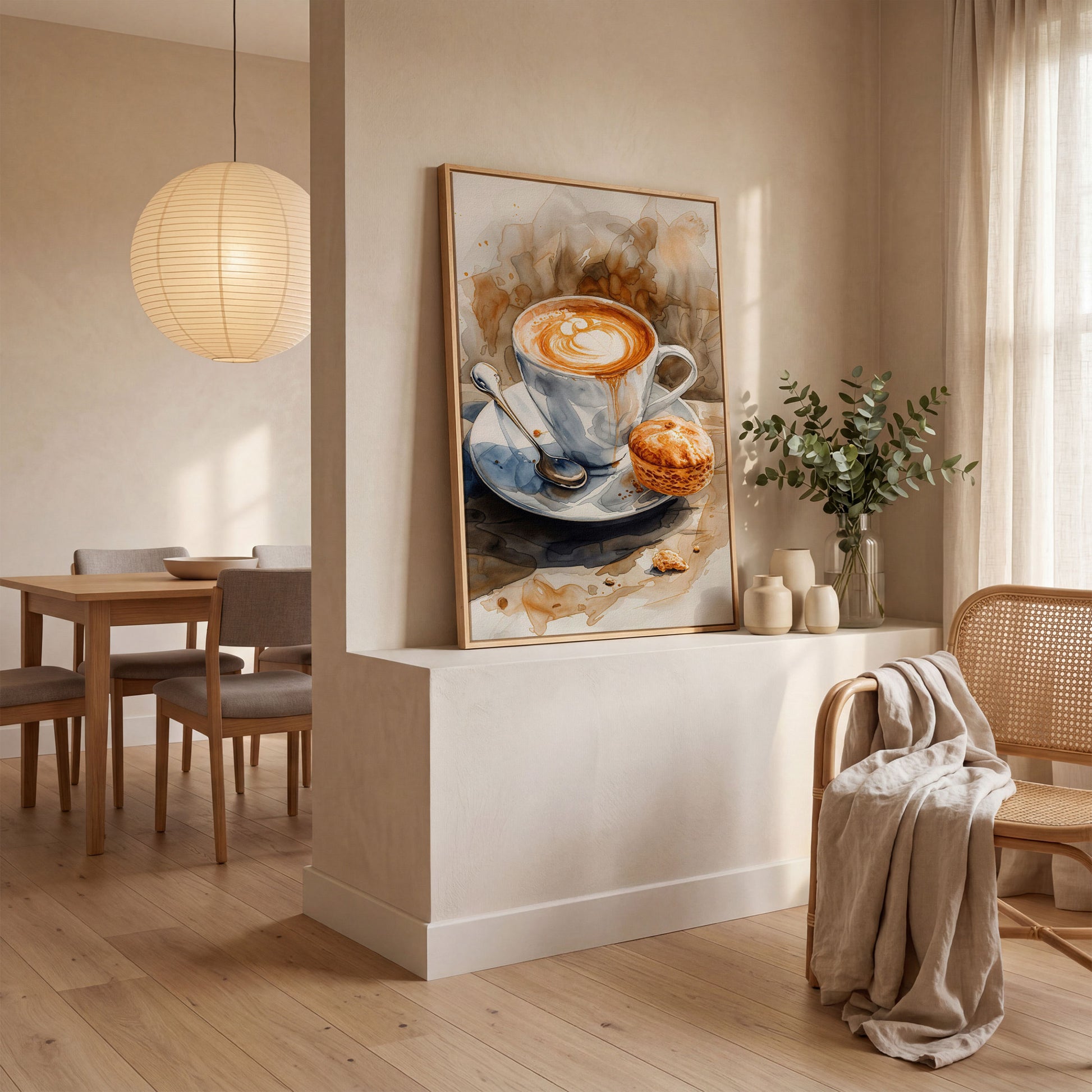 Cappuccino Still Life Canvas Art for Coffee Lovers in white oak floating frame