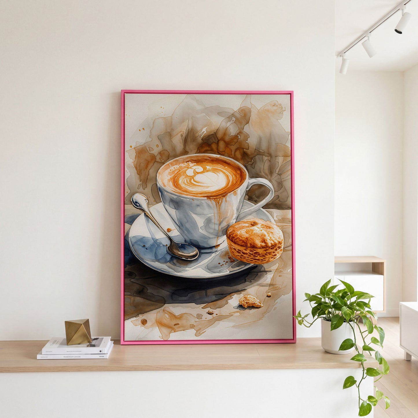 Cappuccino Still Life Canvas Art for Coffee Lovers in pink floating frame