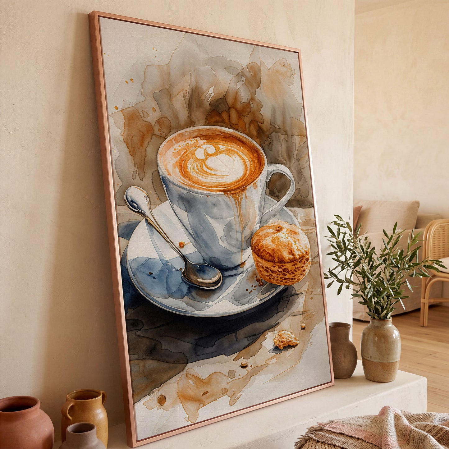 Cappuccino Still Life Canvas Art for Coffee Lovers in rose gold floating frame
