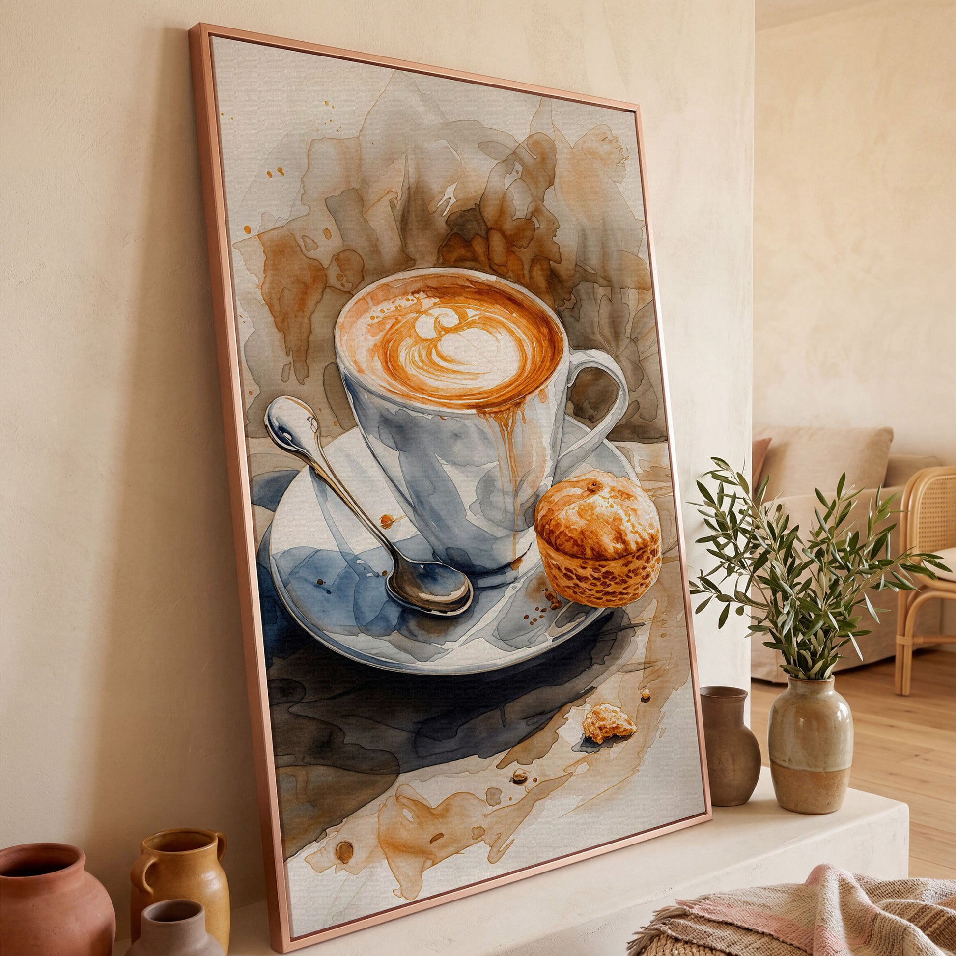 Cappuccino Still Life Canvas Art for Coffee Lovers in rose gold floating frame