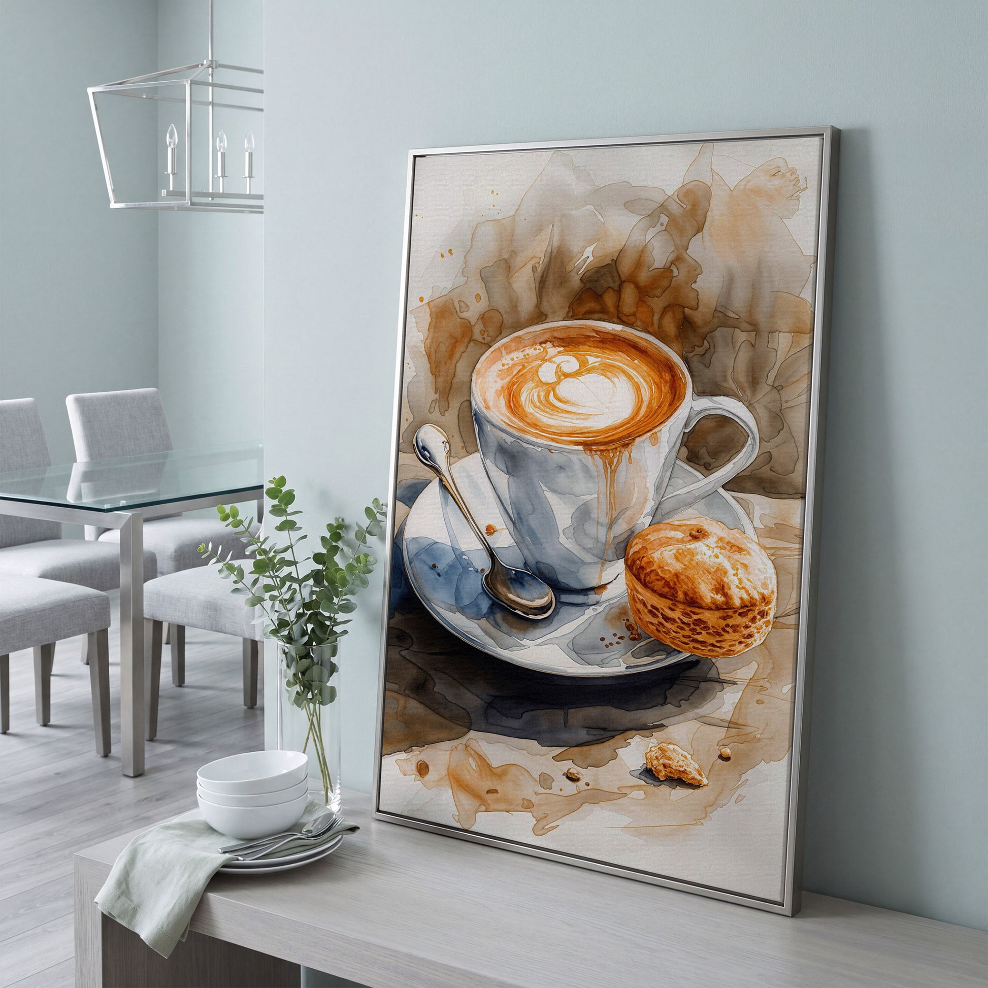 Cappuccino Still Life Canvas Art for Coffee Lovers in silver floating frame