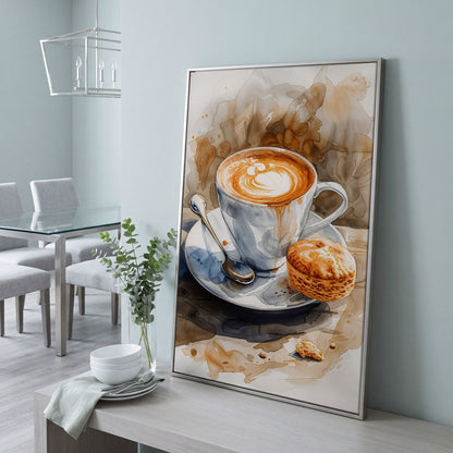 Cappuccino Still Life Canvas Art for Coffee Lovers in silver floating frame