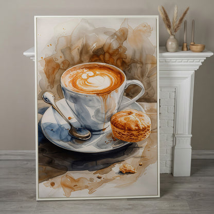 Cappuccino Still Life Canvas Art for Coffee Lovers in white floating frame
