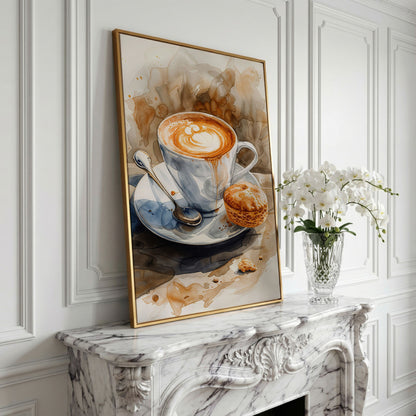 Cappuccino Still Life Canvas Art for Coffee Lovers in yellow gold floating frame