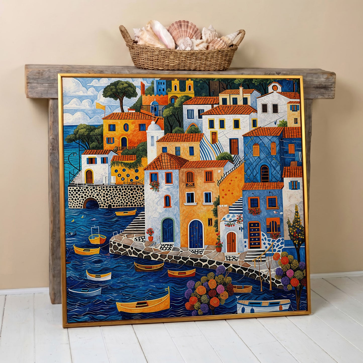 Colorful Mediterranean Village with Fishing Boats Canvas in antique gold floating frame