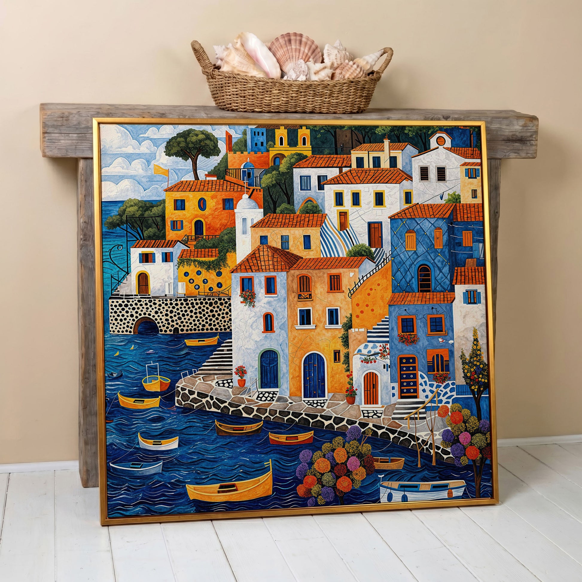 Colorful Mediterranean Village with Fishing Boats Canvas in antique gold floating frame