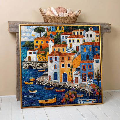 Colorful Mediterranean Village with Fishing Boats Canvas in antique gold floating frame