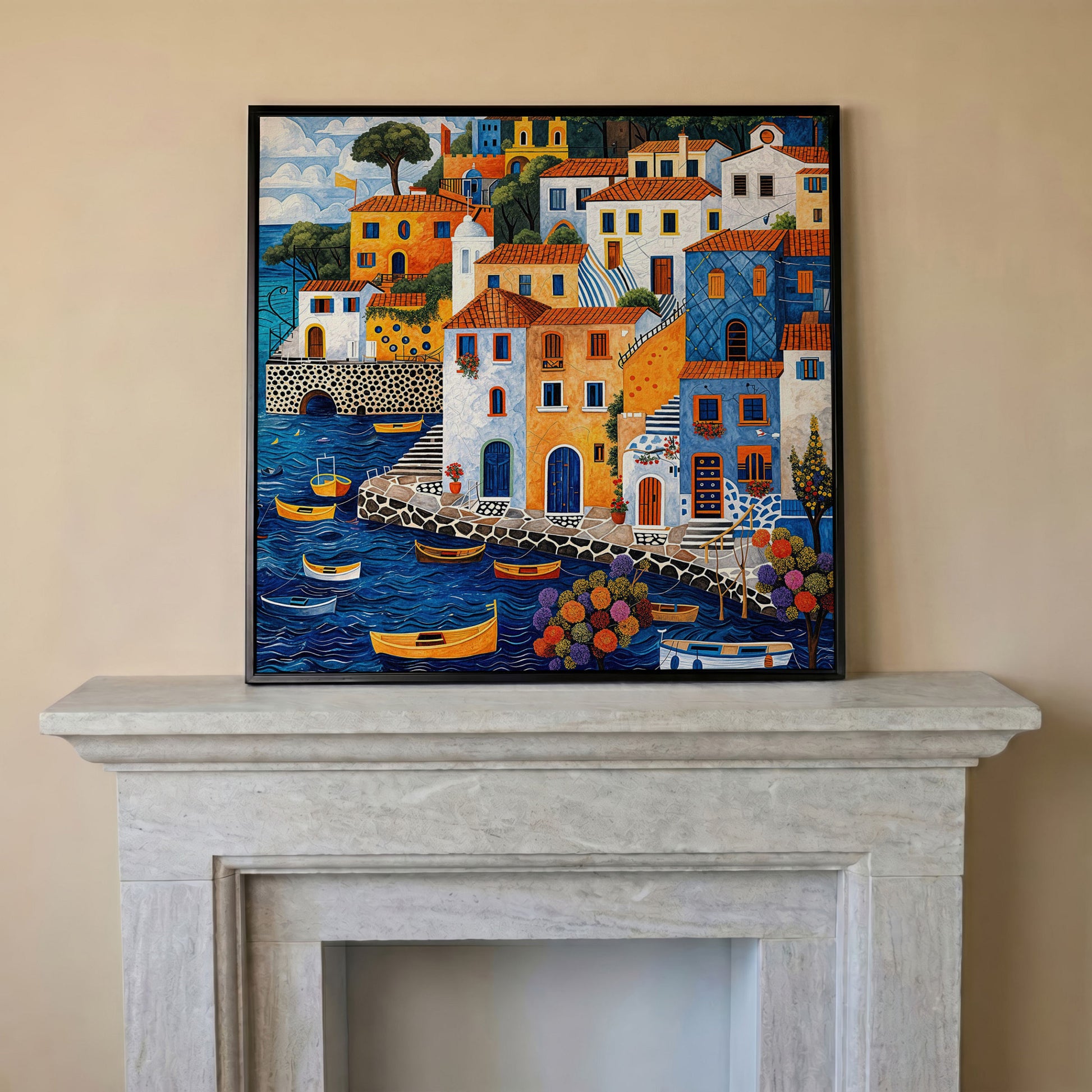 Colorful Mediterranean Village with Fishing Boats Canvas in black floating frame
