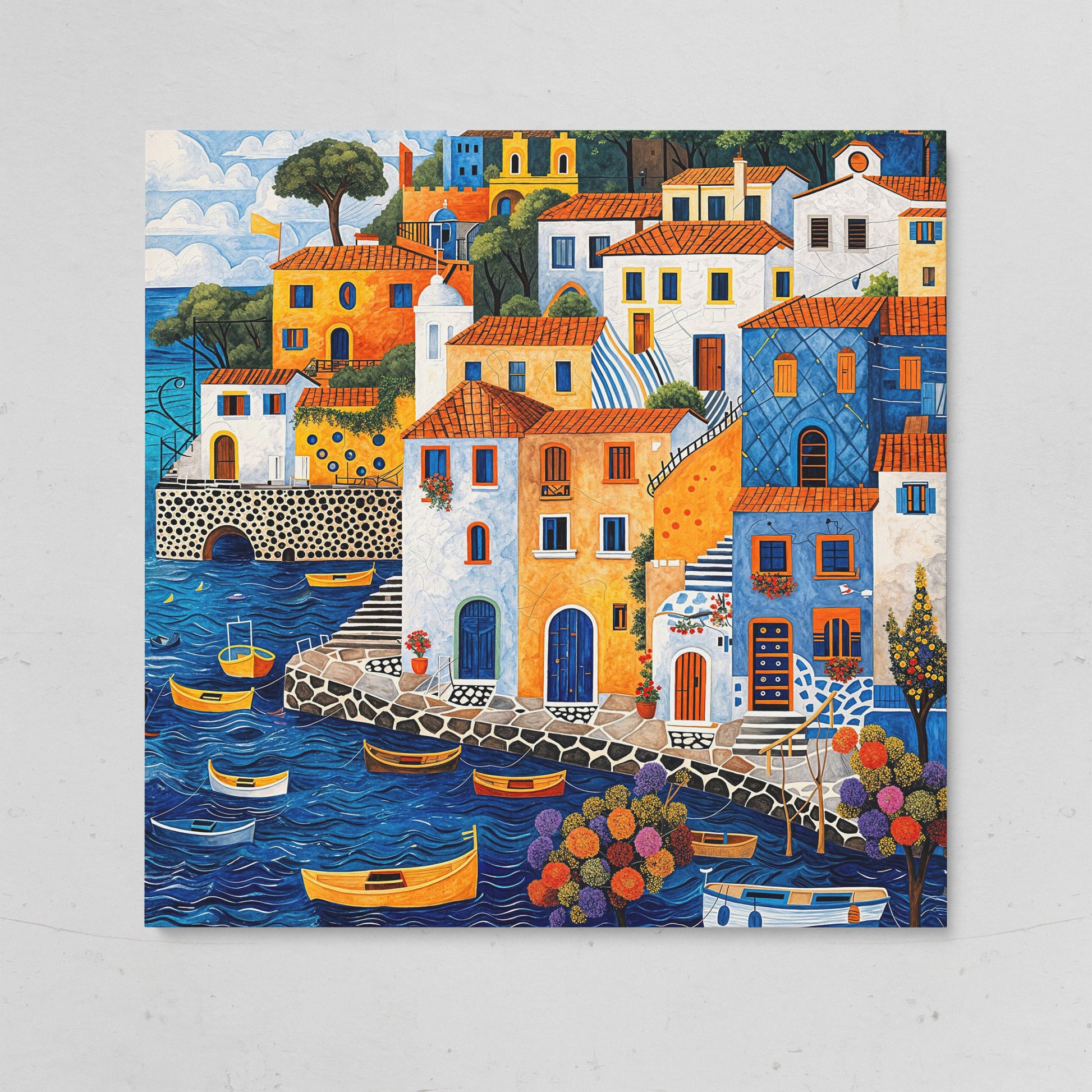 Colorful Mediterranean Village with Fishing Boats Canvas on gallery wrap