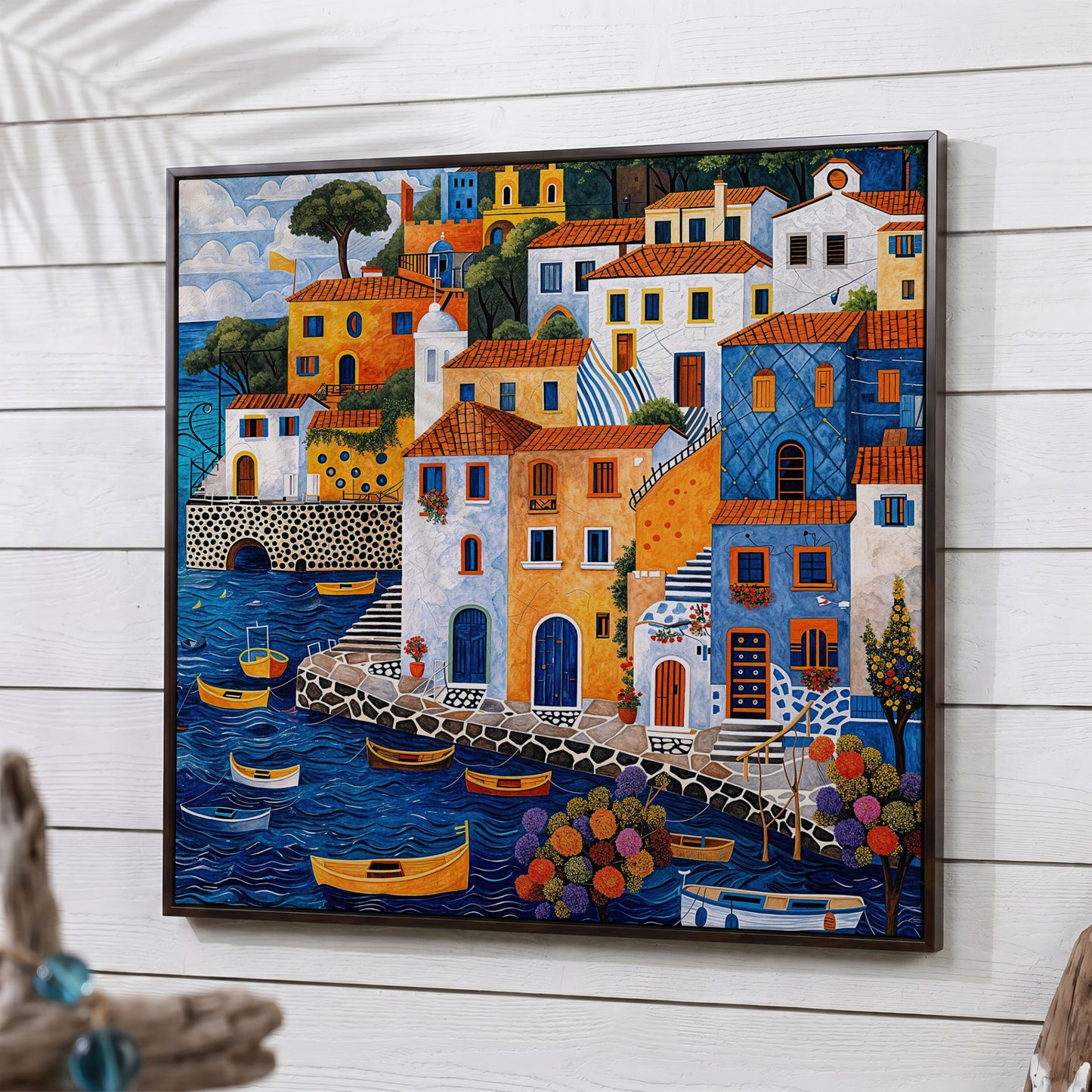 Colorful Mediterranean Village with Fishing Boats Canvas in dark walnut floating frame