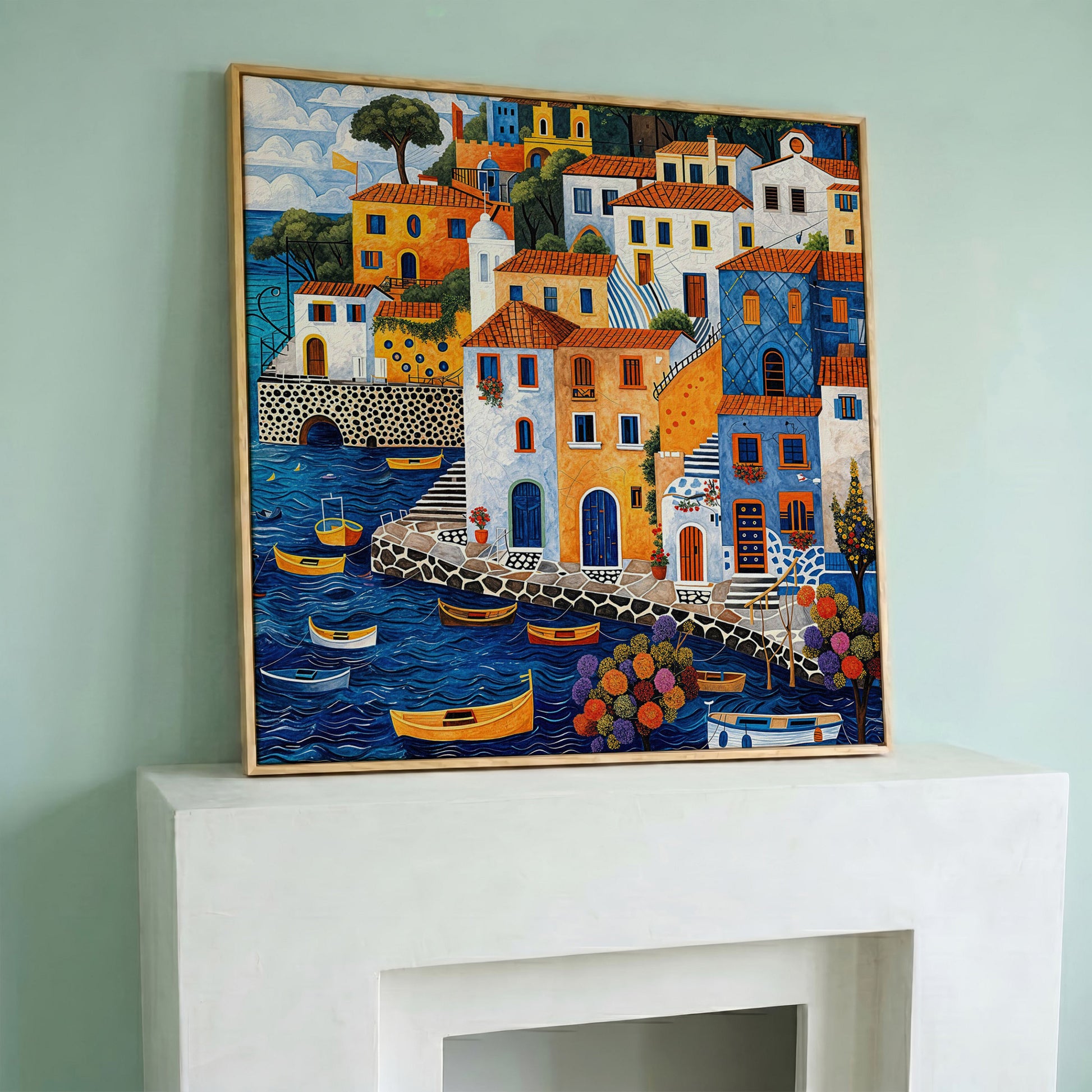 Colorful Mediterranean Village with Fishing Boats Canvas in white oak floating frame